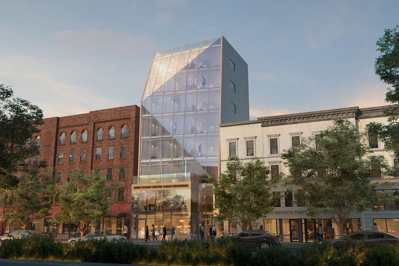 Rendering of the MPCA mixed-use development in Harlem New York designed by Soluri Architecture. Located on two small lot and contains residential apartments, a school and retail space