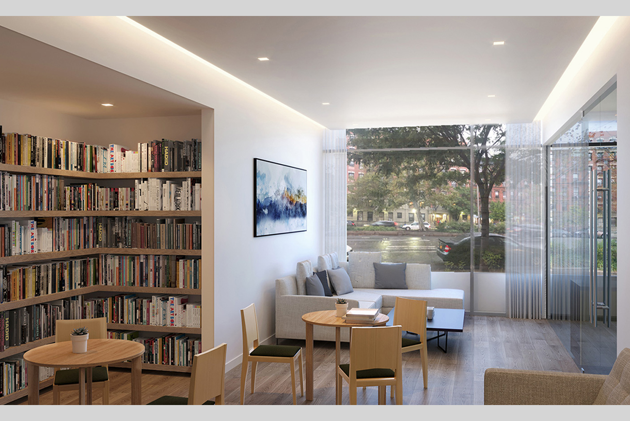 Interior rendering of the school's student lounge & library in the MPCA mixed-use development in Harlem New York designed by Soluri Architecture. Located on two small lot and contains residential apartments, a school and retail space