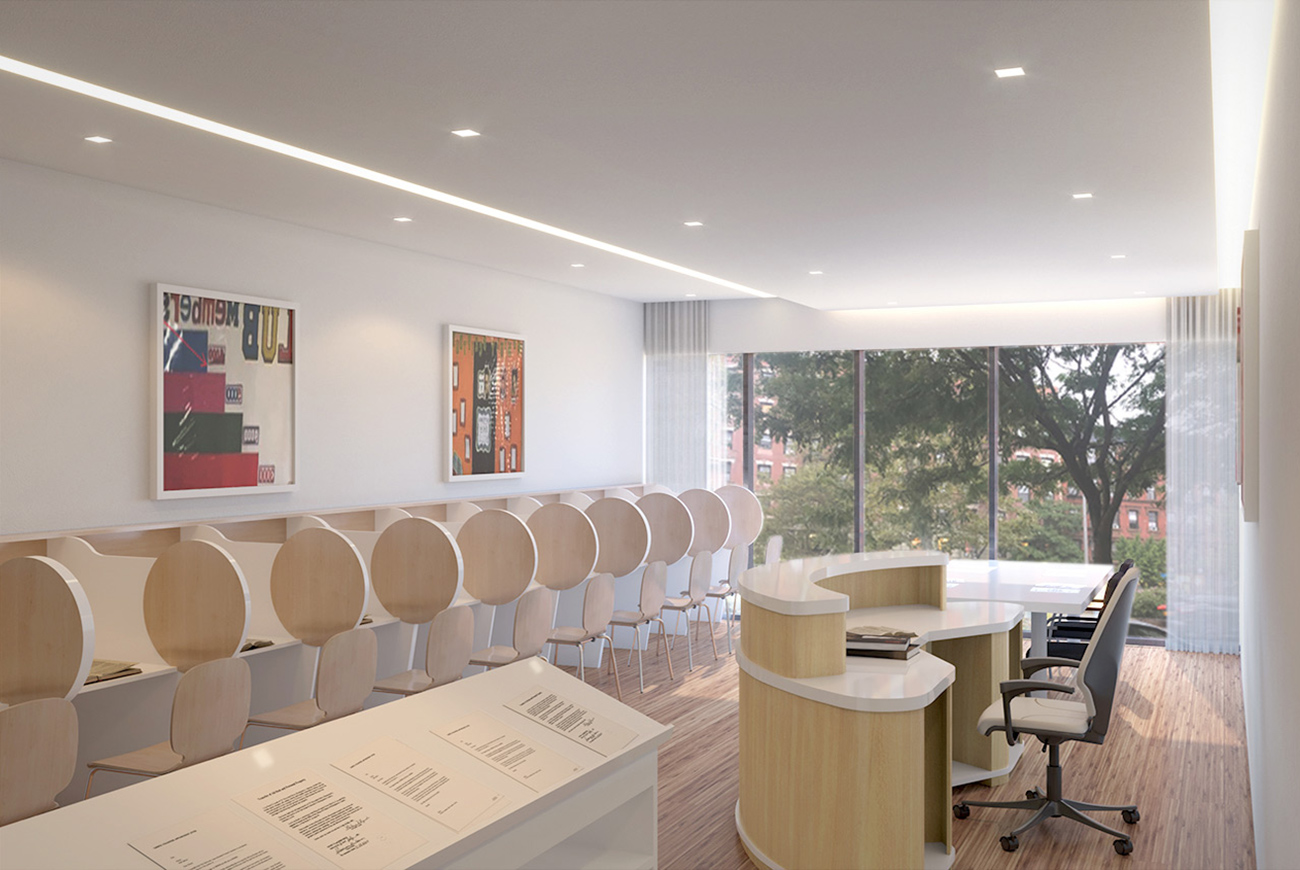 Interior rendering of a classroom learning center in the MPCA mixed-use development in Harlem New York designed by Soluri Architecture. Located on two small lot and contains residential apartments, a school and retail space