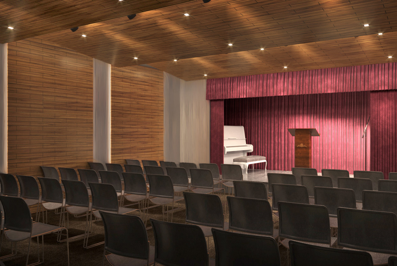 Interior rendering of the schools theater and assembly space in the MPCA mixed-use development in Harlem New York designed by Soluri Architecture. Located on two small lot and contains residential apartments, a school and retail space