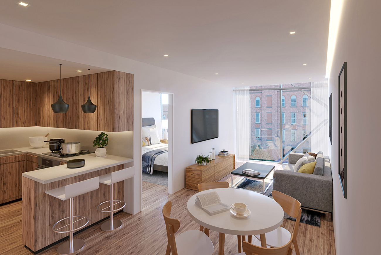 Interior rendering of an apartment in the MPCA mixed-use development in Harlem New York designed by Soluri Architecture. Located on two small lot and contains residential apartments, a school and retail space