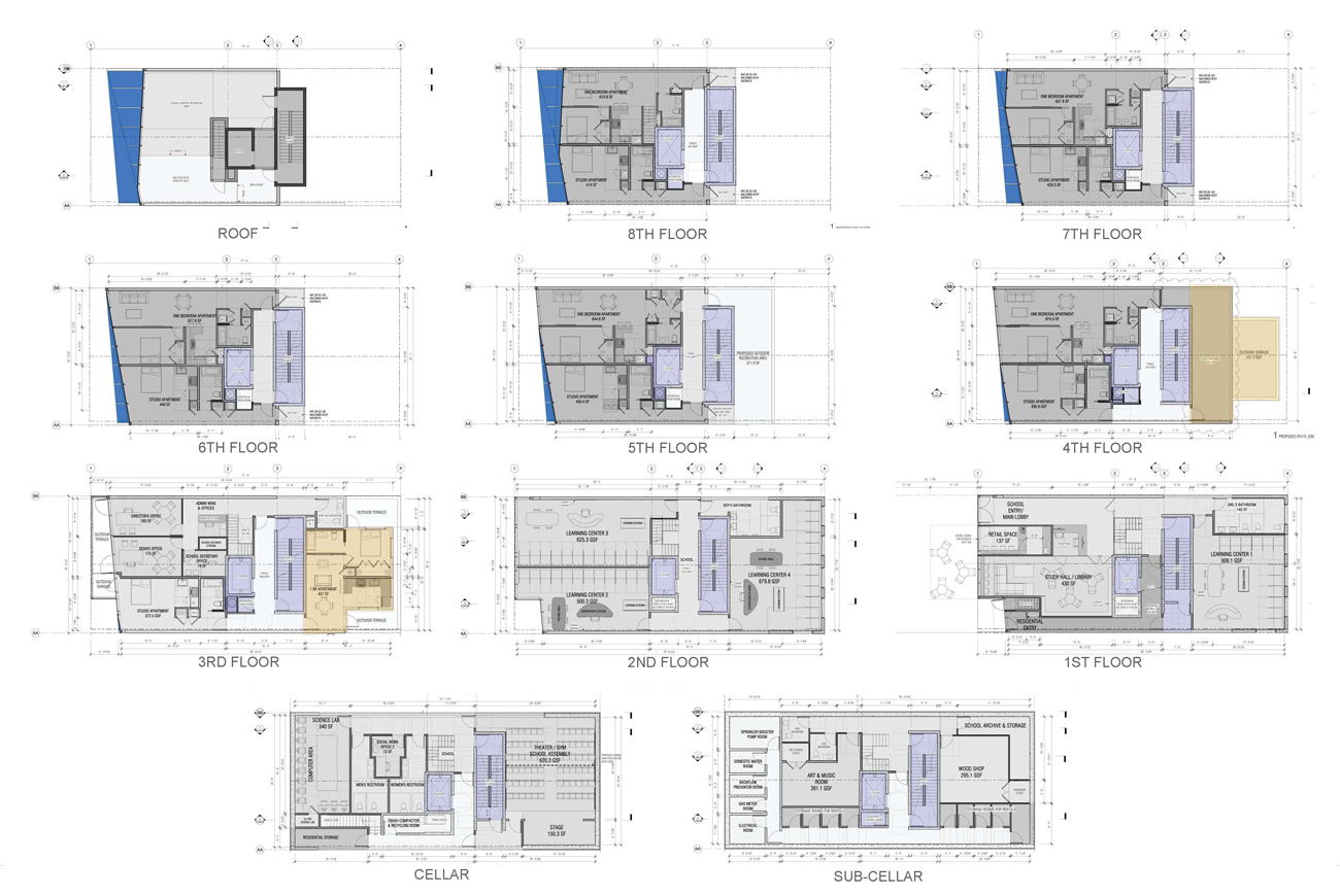 Plans of the MPCA mixed-use development in Harlem New York designed by Soluri Architecture. Located on two small lot and contains residential apartments, a school and retail space